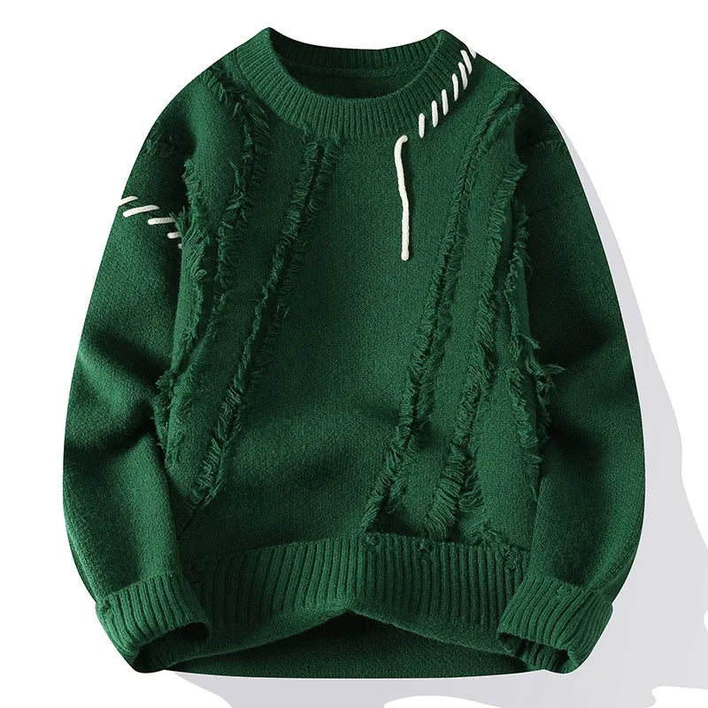 Man Panelled O-neck Jumper Autumn Winter Korean Simple Casual Streetwear Warm Knitted Ribbed Sweater Male Fashion Pullover