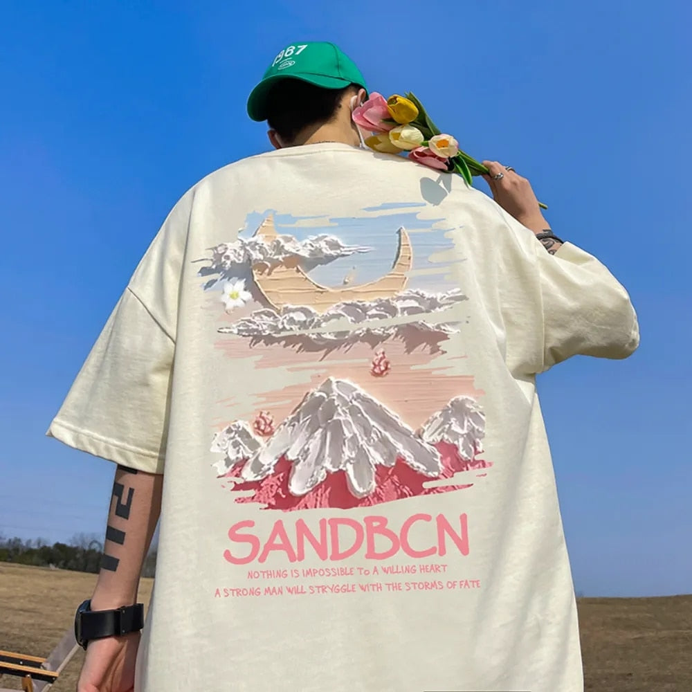 100% Cotton Heavyweight American Fashion Graphic Print Loose Short-sleeved T-shirt Oversized T Shirt for Men Women S-5XL