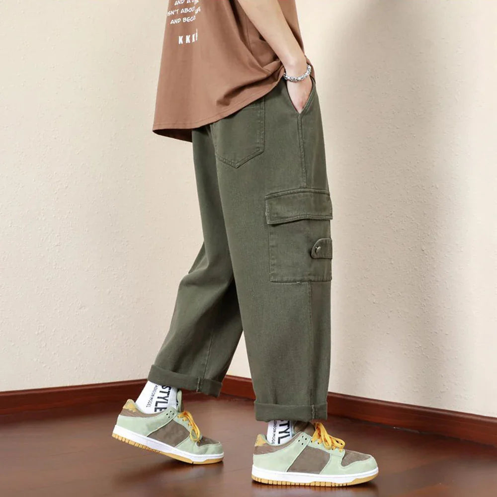 saferido Mens Casual Cargo Pants Hip-Hop Solid Color High Street Retro Loose Japanese Straight Pants Spring and Autumn New Style