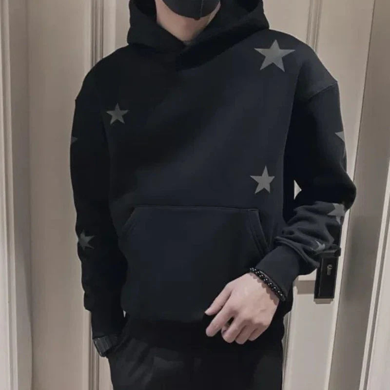 saferido Sweatshirt for Man Hooded Black Male Clothes Hoodies Star Sweat Shirt Emo Korean Style One Piece Novelty and Warm Loose