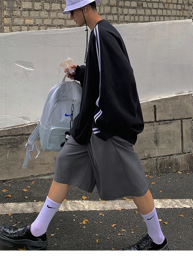 saferido Spring Summer Loose Casual Soft Grey Pleated Shorts for Men with High Waist Short Straight Pants Korean Clothes