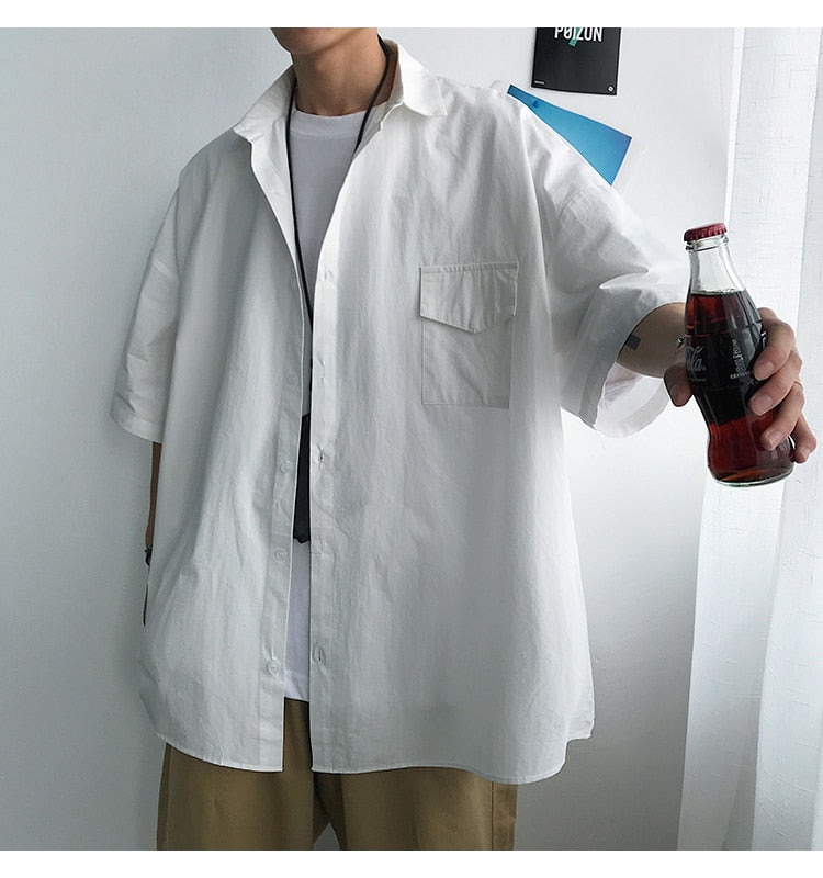 saferido Summer New Fashion Loose Solid Shirts Men's Casual Short Sleeve Shirts Turn-down Collar Clothing Blouses Tops Q02