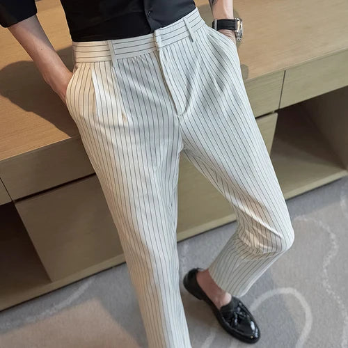saferido British Style Men Business Stripe Dress Pants Men Belt Design Slim Trousers Formal Office Social Wedding Party Dress Suit Pant