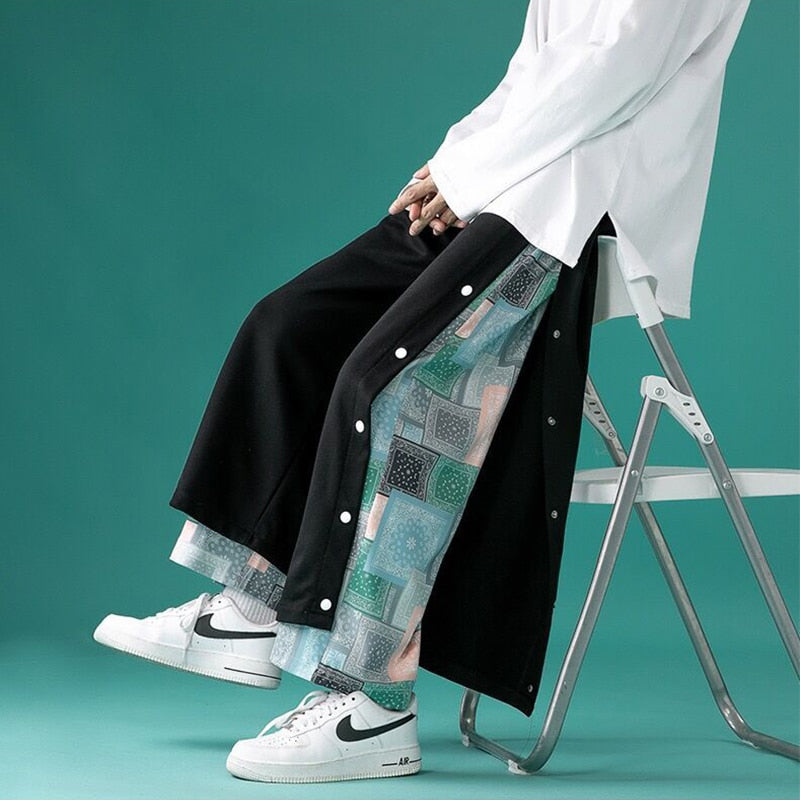 Punk Pants Hip Hop Harajuku Straight Pants Men Patchwork Black Trousers Male Paisley Japanese Streetwear Casual Loose