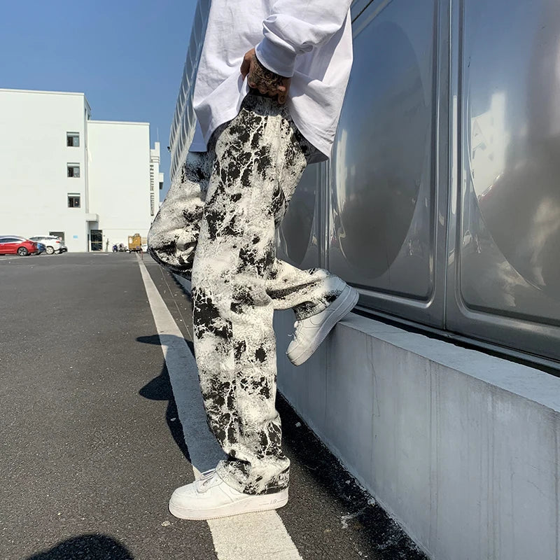 saferido Mens Fashion Printed jeans Spring Mopping Trousers Jeans Korean Style High Street Loose Hip Hop Wide-leg Jean Pants