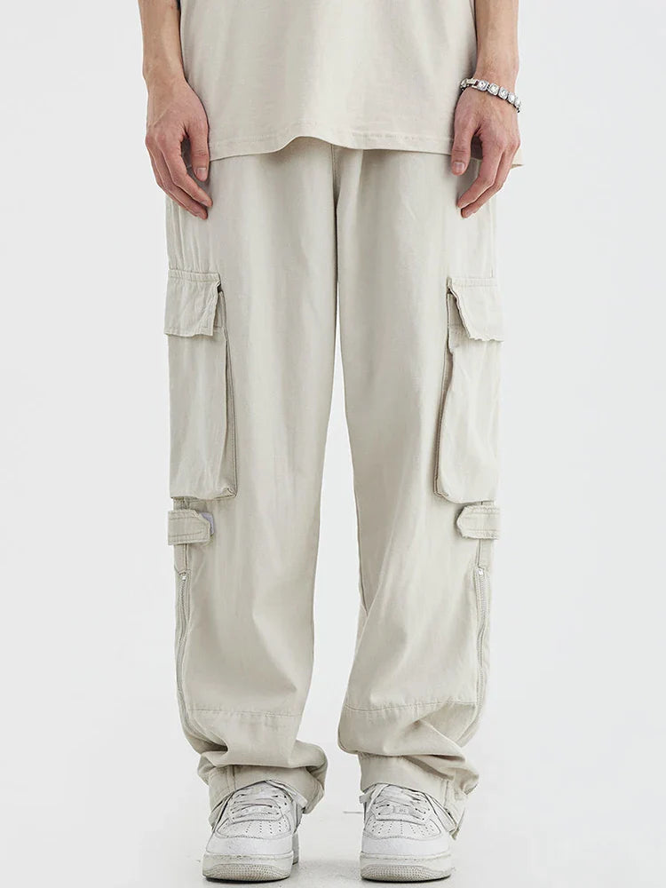 saferido Black Cargo Pants for Men Hip Hop White Cargo Trousers Male Vintage Japanese Streetwear Casual Safari Style Pocket Zip
