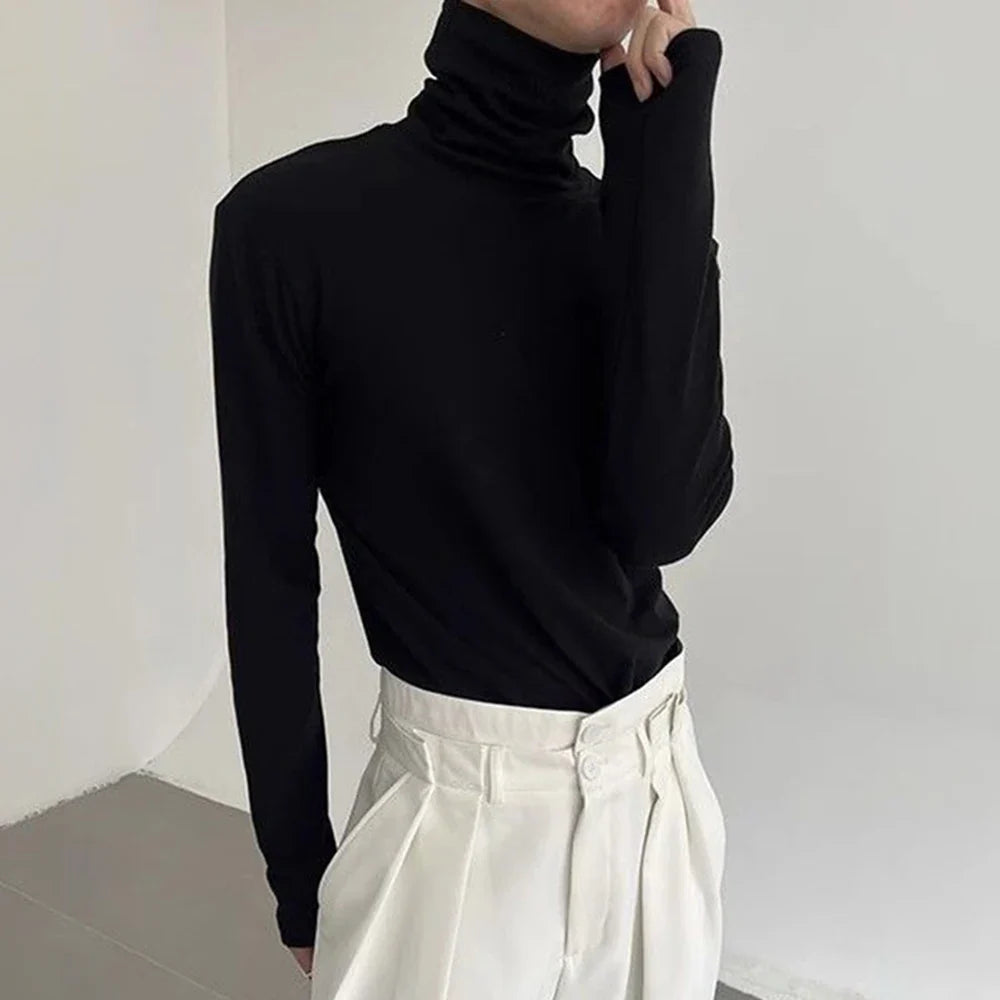 saferido Mens Casual Slim Shirt 2024 Spring New Genderless Fashion Shaping Solid Color High Collar Harajuku Bottoming T-Shirt Unisex