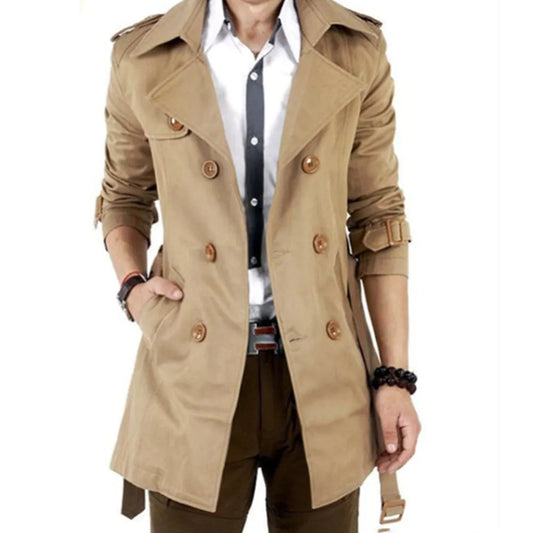 Autumn And Winter Mens Mid-Length Trench Coat Elegant British Solid Color Coat Korean Style Double-Breasted Casual Trench Coat