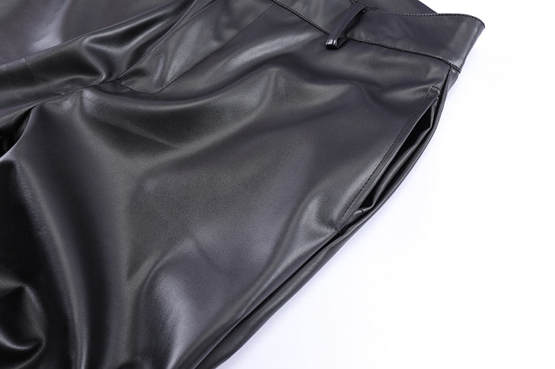 Hip Hop Mens Pleated Pu Leather Pants Harajuku Retro Streetwear Loose Ruched Casual Trousers Straight Solid Color Black Pants