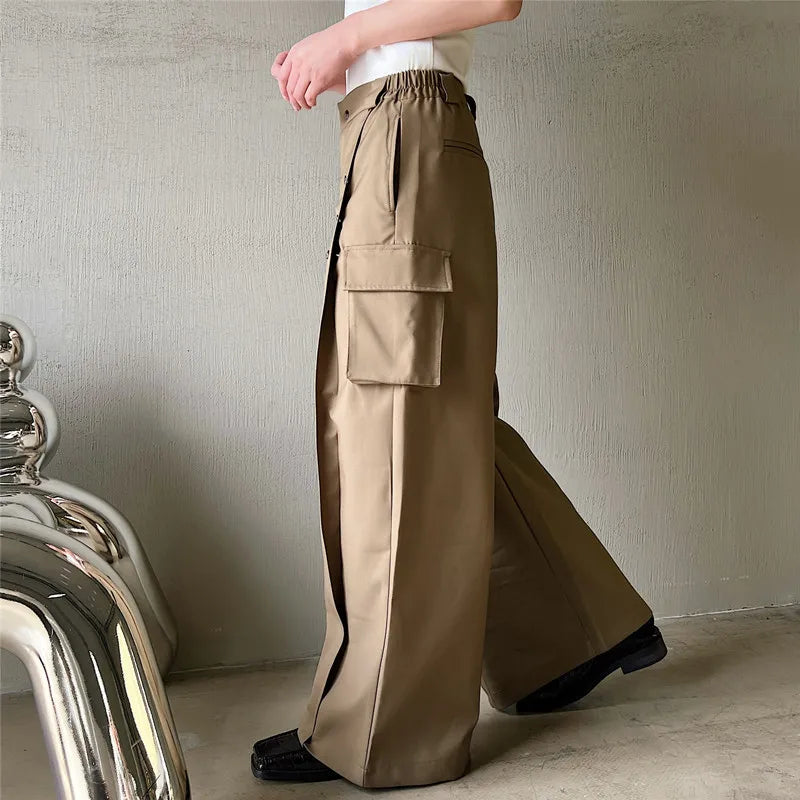 saferido Men's Casual Wide Leg Trousers Korean Style New High Waist Metal Piece Pocket Decoration Fashionable Pants Plus Size S-XL