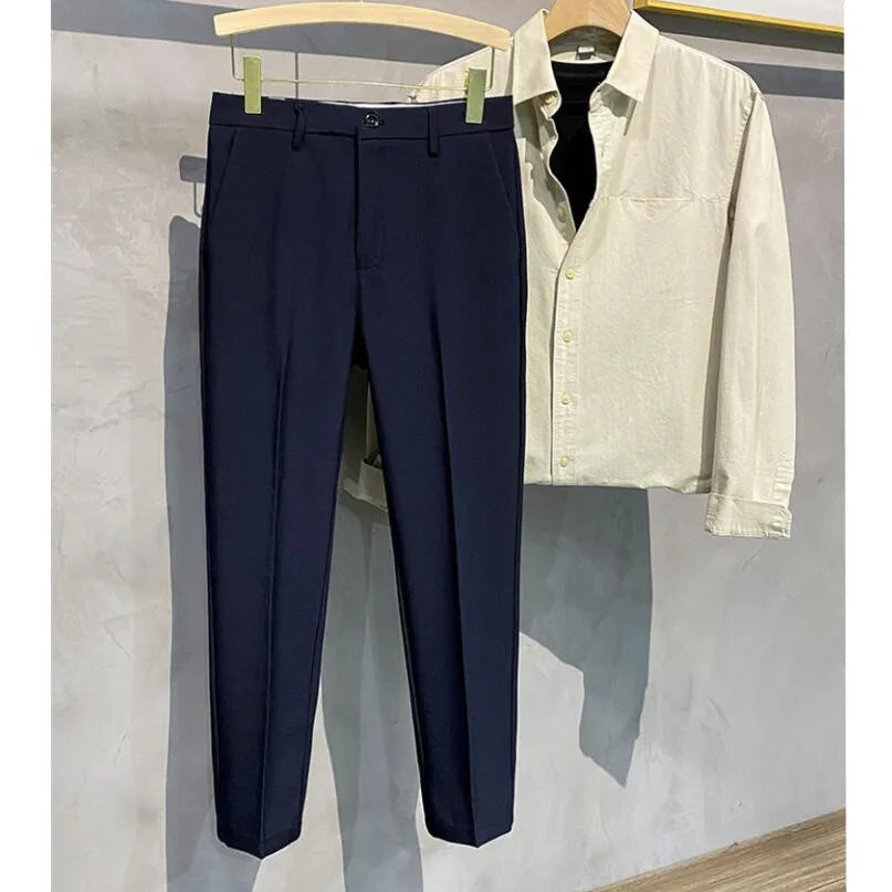 saferido Korean Style Fashion Ankle Length Suit Pants Men High Waist Solid Blue Black Gray Casual Straight Adjustable Waist Trousers