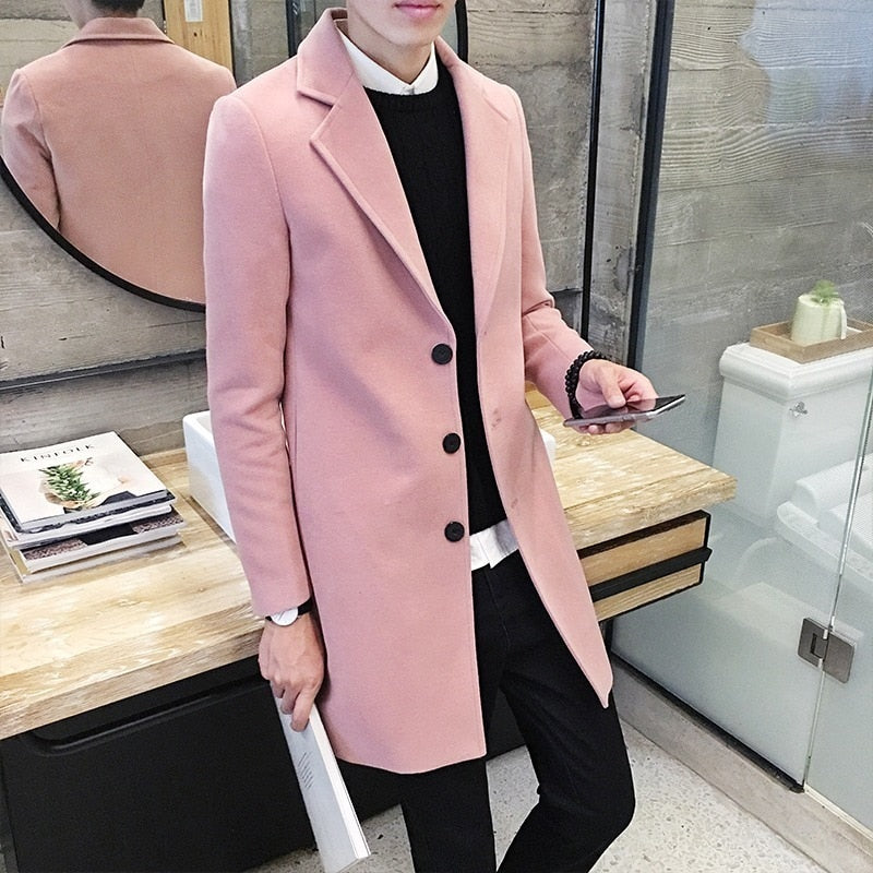 Men Long Cotton Coat Autumn Winter New Wool Blend Pure Color Casual Business Fashion Slim Windbreaker Jacket Men Clothing