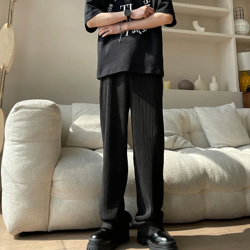 saferido Summer Pleated Pants Men Oversized Fashion Casual Ice Silk Pants Men Streetwear Hip Hop Loose Wide Leg Pants Mens Trousers S-2XL