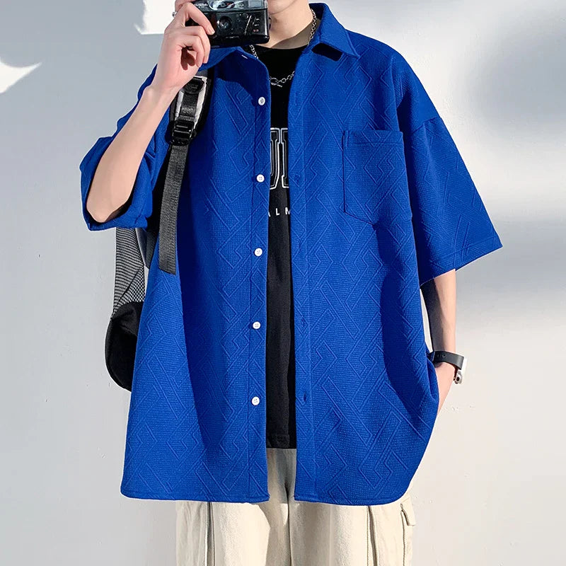 saferido Men's Short Sleeve Shirts Solid Color Blouses Fashion Streetwear Clothes College Style Tops Spring Summer Male Cardigan
