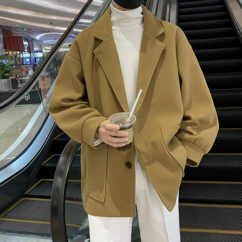 saferido Khaki Japanese Streetwear Winter Jacket Overcoat Windbreaker Wool Blends Coat Big Pockets Korean Fashion Trench Coat