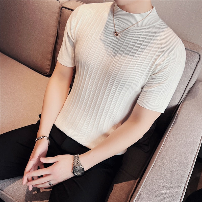 Men's High-End Casual Short Sleeve knitting Sweater/Male High collar Slim Fit Stripe Set head Knit Shirts Plus size S-4XL