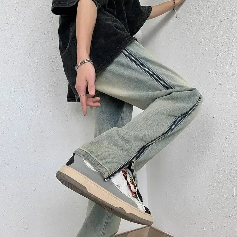 saferido Trousers Straight Jeans for Men with Slits Hip Hop Male Cowboy Pants Punk Wide Leg Baggy 2024 Korean Autumn Designer Cotton Kpop