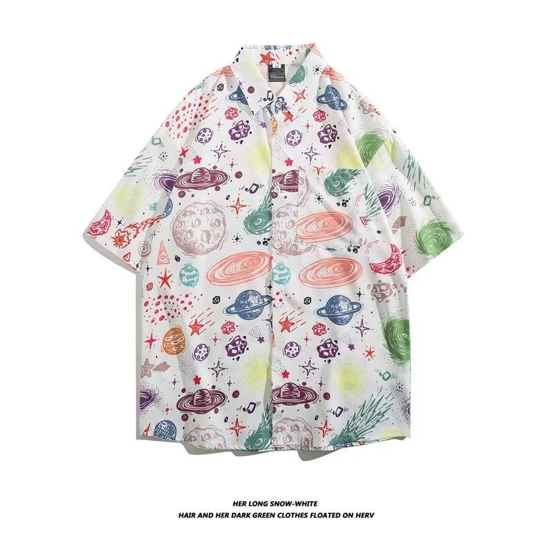 Couple Japanese Shirt Harajuku Oversized Short Sleeve Shirt for Men Women Hawaiian Print Flower Shirt Geometric Streetwear