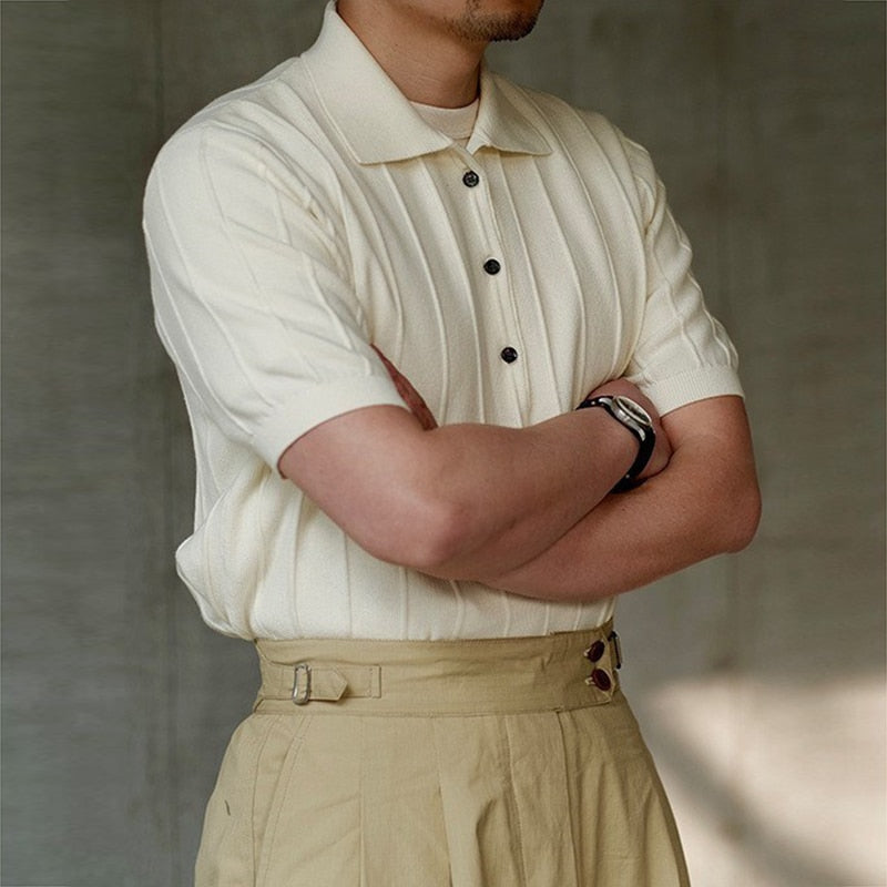 Casual Solid Knit Polo Shirt Mens Clothes Fashion Buttoned Lapel Short Sleeve Knitted Ribbed Polos Men Summer Fashion Streetwear