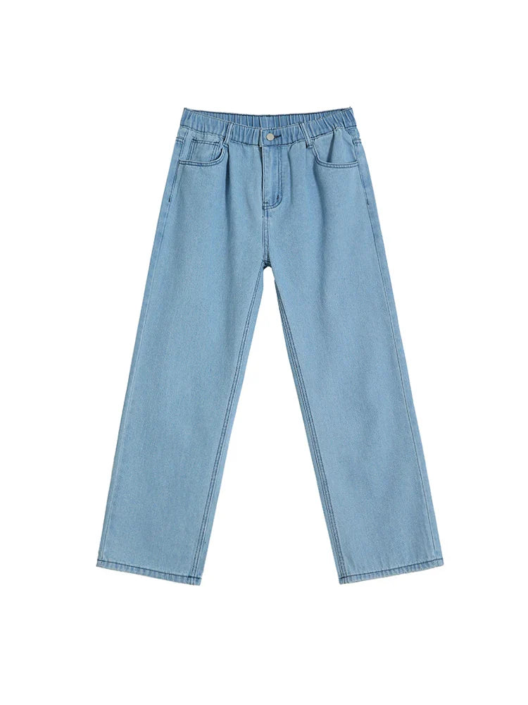 saferido Men's Straight Leg Denim Pants 2024 Summer New Korean Retro Fashion Loose Casual Male Mid-length Jeans Elastic Waist