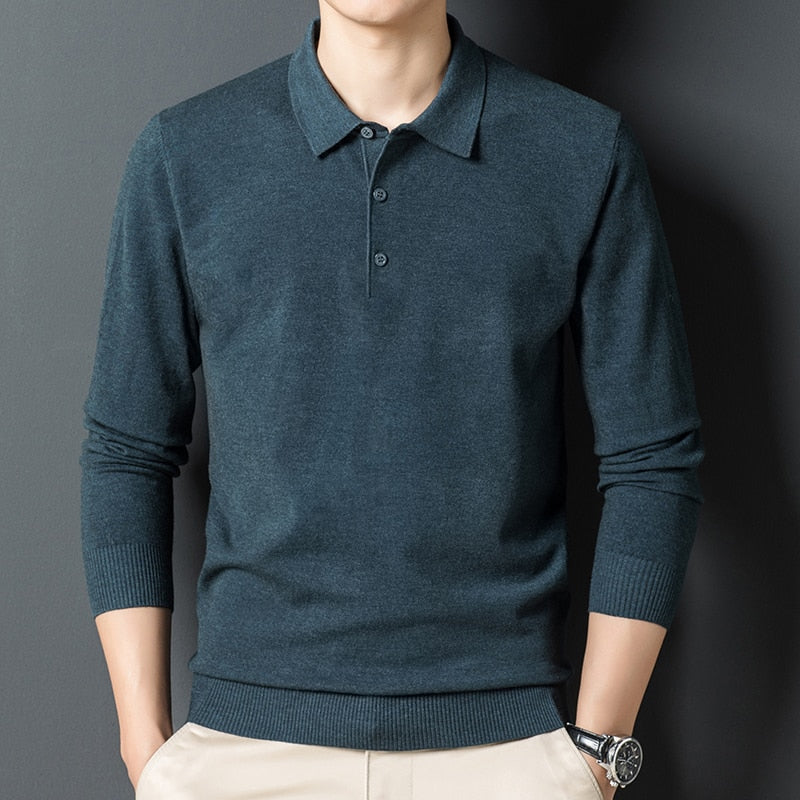 Autumn New Men's Solid Color Lapel Wool Sweater Classic Style Business Long Sleeve Thin Knit Sweater Male Brand Clothes