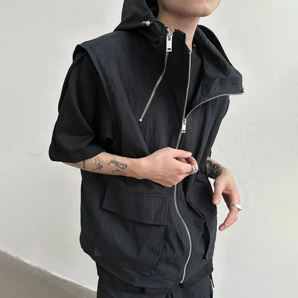 saferido Men Cargo Vest Hooded Summer Japanese Zipper Design Sleeveless Tops Male Korean Streetwear Hip Hop Unisex Plus Size Waistcoat