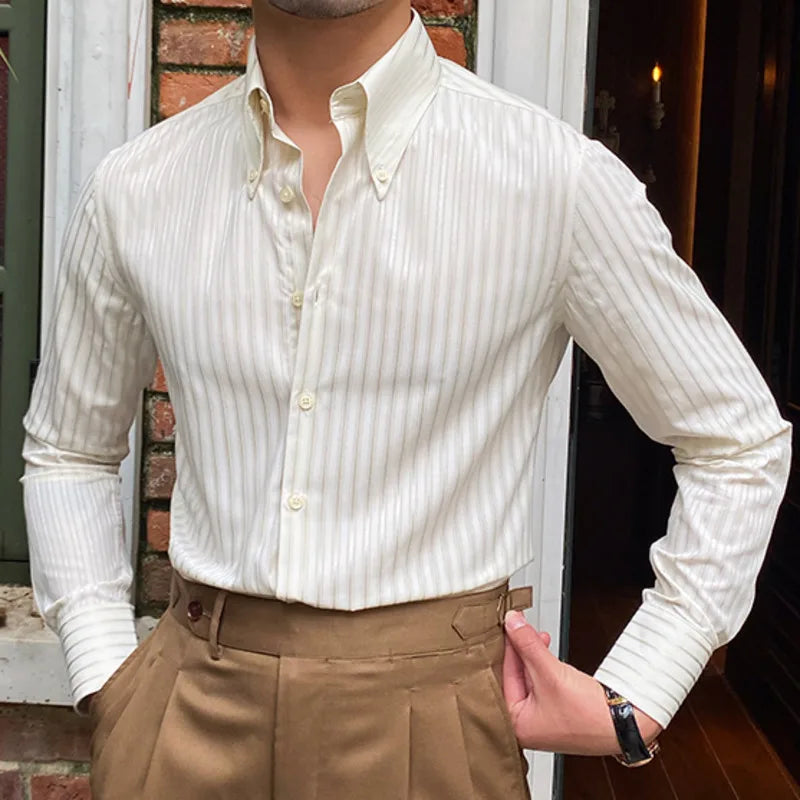 saferido Summer Retro Pointed Collar Striped Long-sleeved Shirt British Thin Versatile Casual Shirt Fashion Man Camisa Social Masculina