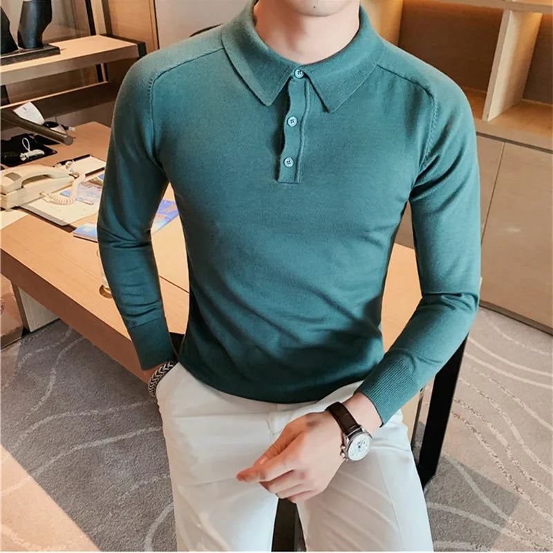 saferido Men Spring High Quality Casual Knitting Shirts/Male Slim Fit Fashion Long Sleeve Polo Shirts Tops Plus Size S-3XL