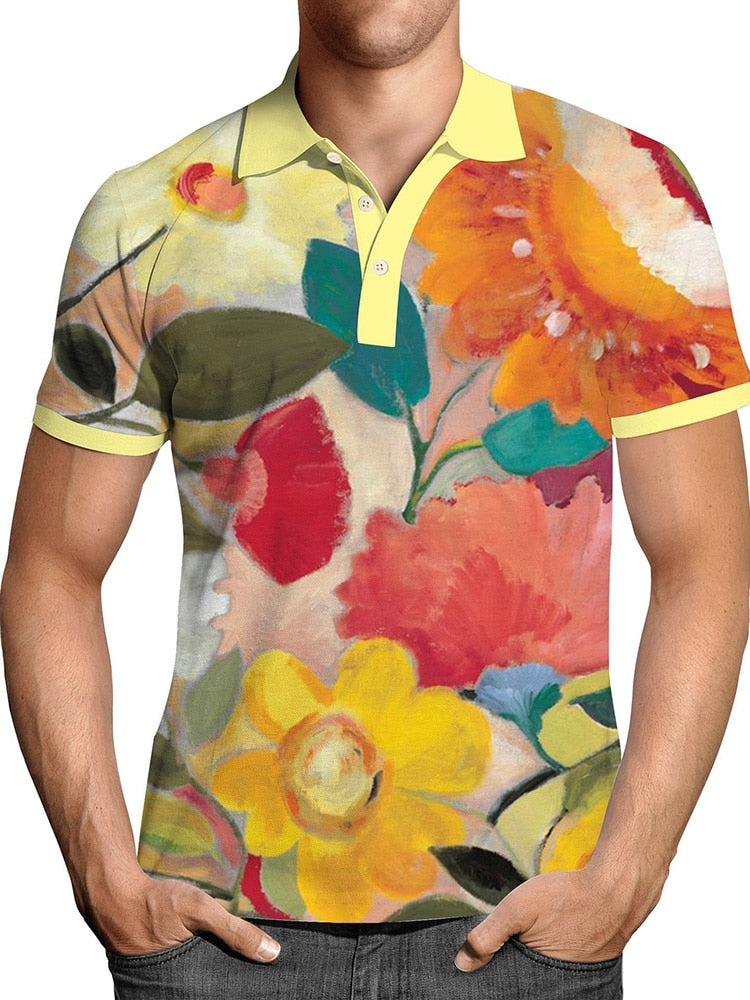 Pullover Tops Mens Fashion Turn-down Collar Button-up Polos Vintage Print Polo Shirt Men Summer Short Sleeve Casual shirts