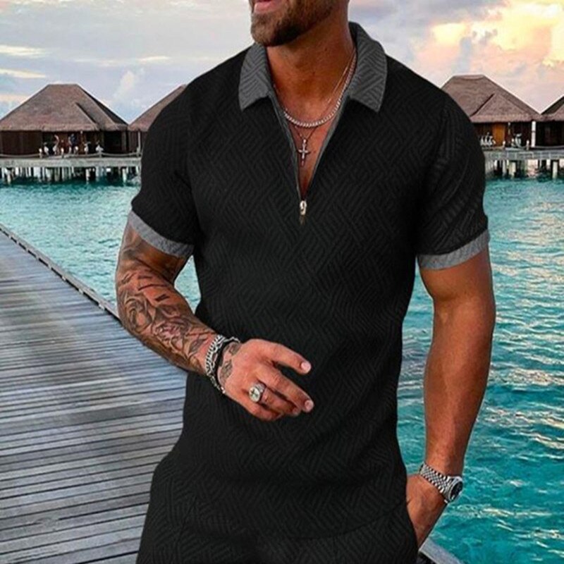 Men Summer Hawaiian Turn Down Collar V Neck T-Shirt Casual Zipper Short Sleeve Blouse Daily Tee High Quality Clothing S-3XL