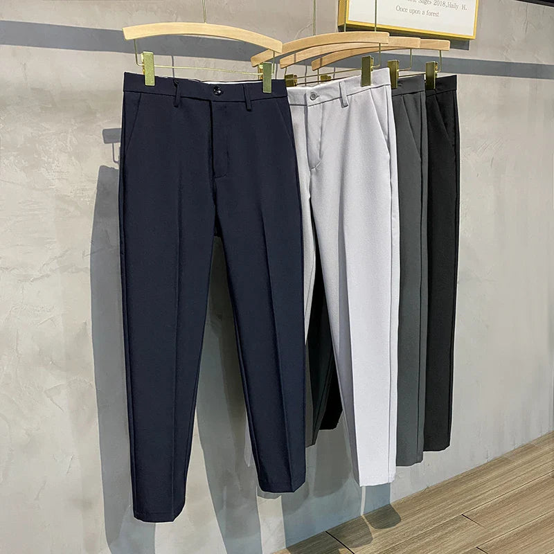 saferido Korean Style Fashion Ankle Length Suit Pants Men High Waist Solid Blue Black Gray Casual Straight Adjustable Waist Trousers