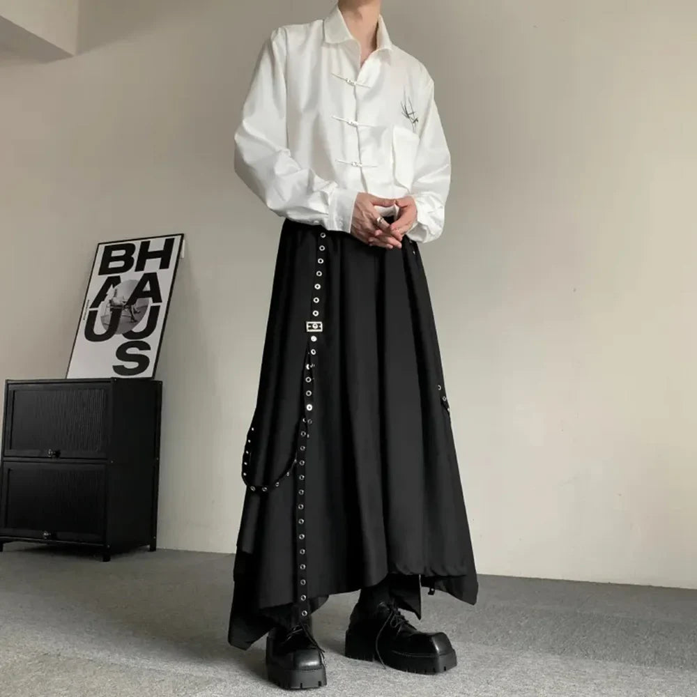 saferido Mens Gothic Rope Belt Decorated Irregular Skirt Pants Genderless Fashion Japanese Style Niche Dark Samurai Pants Hakama Unisex