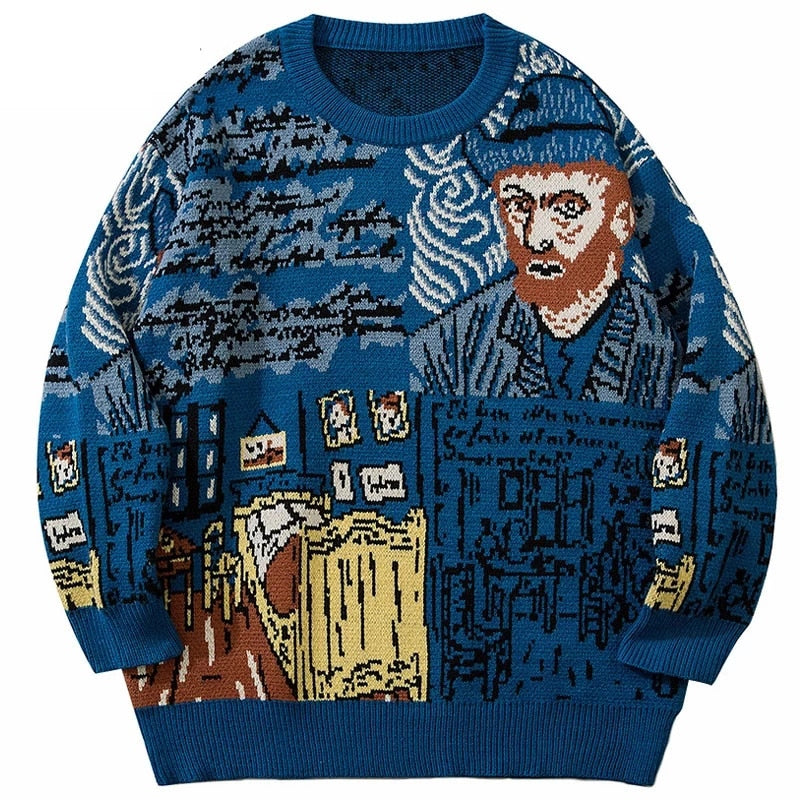 High Street Knitted Sweater Men Van Gogh Graffiti Print Sweaters Cotton Harajuku Loose Padded Pullover Women Streetwear Autumn