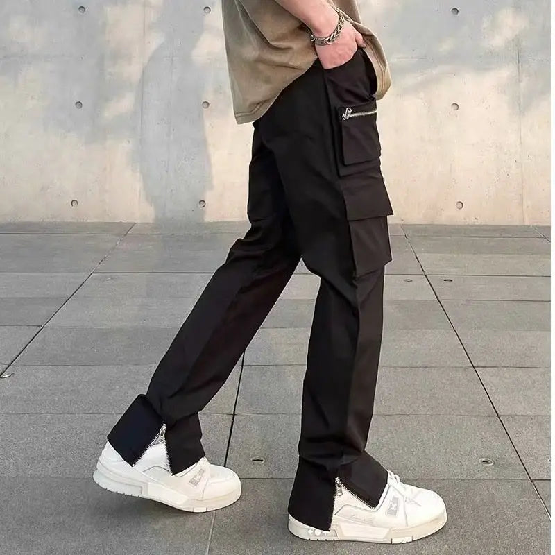 saferido Men's y2k street casual pans, men's zippered split spring and autumn men's straight fitting black European and American zippered