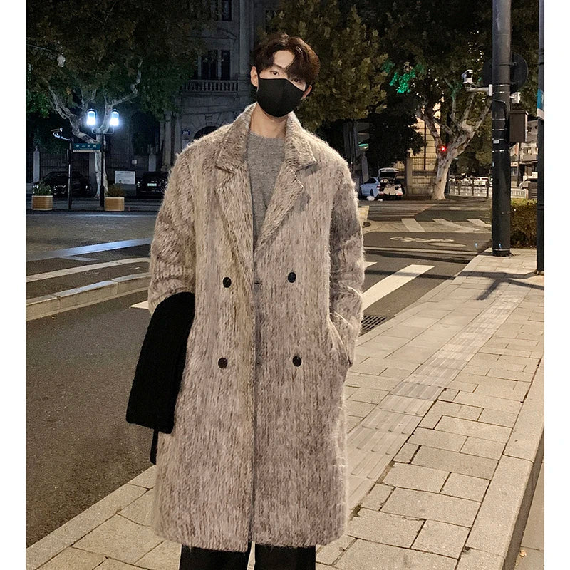 saferido Korean Style Medium-length Men's Trench Autumn Winter High Quality Loose Casual Woolen Coat Trendy Overcoat Khaki/Dark Gray