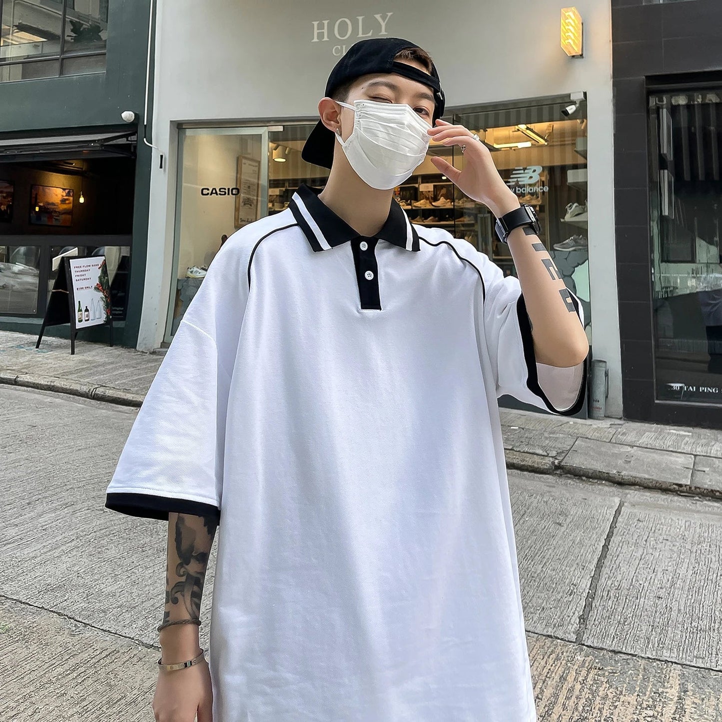 saferido Korean Style Man Polo Shirt Fashion Oversized Patchwork Short Sleeve Turndown Men's Shirts Fashion Streetwear Polos for Men