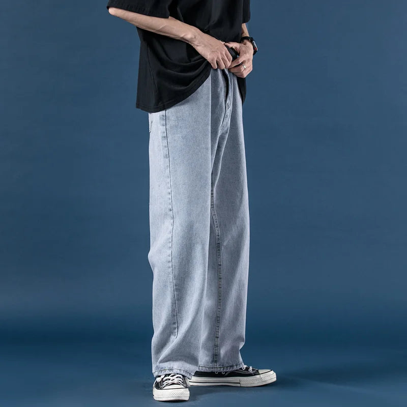 saferido Autumn Winter Men's Wide Leg Denim Pants Korean Fashion Luxury Top Quality Baggy Jeans Men Elastic Waist Mop Daddy Trousers