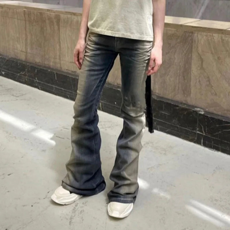 Niche Men Jeans Wash Gradient Floor Mop Casual Trend Vintage New Korean Fashion Flared Pants High Street