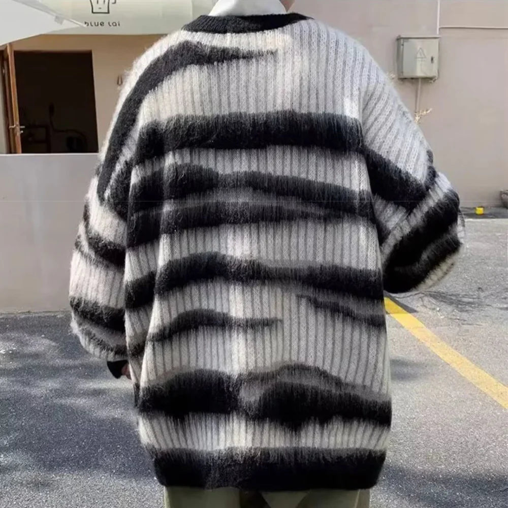 saferido Mens Thin Knitted Sweater Daily Personality Trend Casual All-Match Soft Contrast Striped Top Men'S Clothing 2024 Spring Autumn