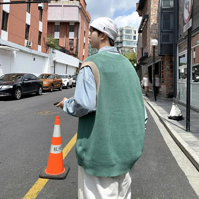 saferido Autumn New Sleeveless Knit Vest Geometric Pattern Pullovers Men's Cashmere Sweater Yellow Oversize Knitted Preppy Style Tops