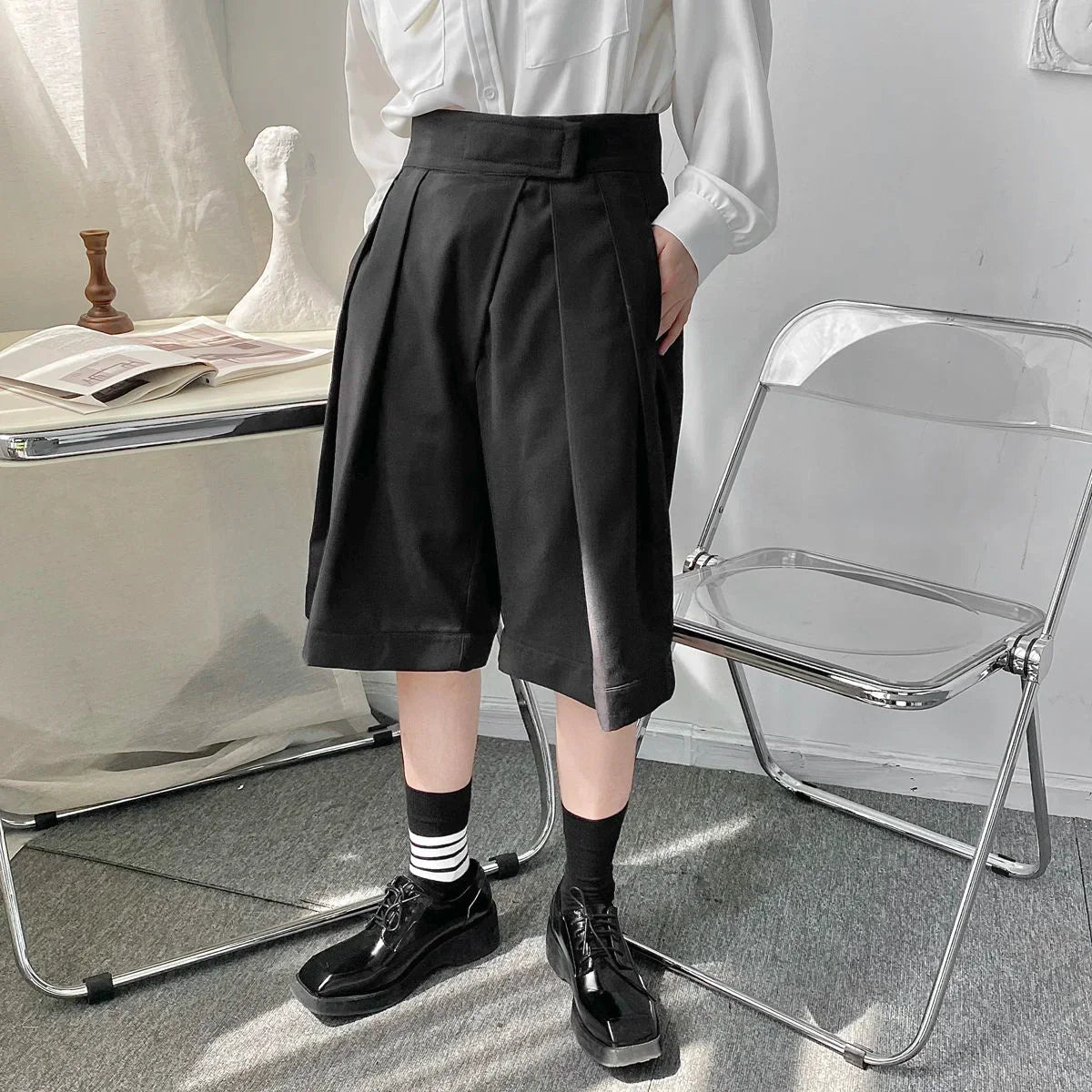 saferido New Niche Design Pasted High Waist Khaki Causal Wide Leg Shorts Summer Korean Trend Men's Knee Length Pants