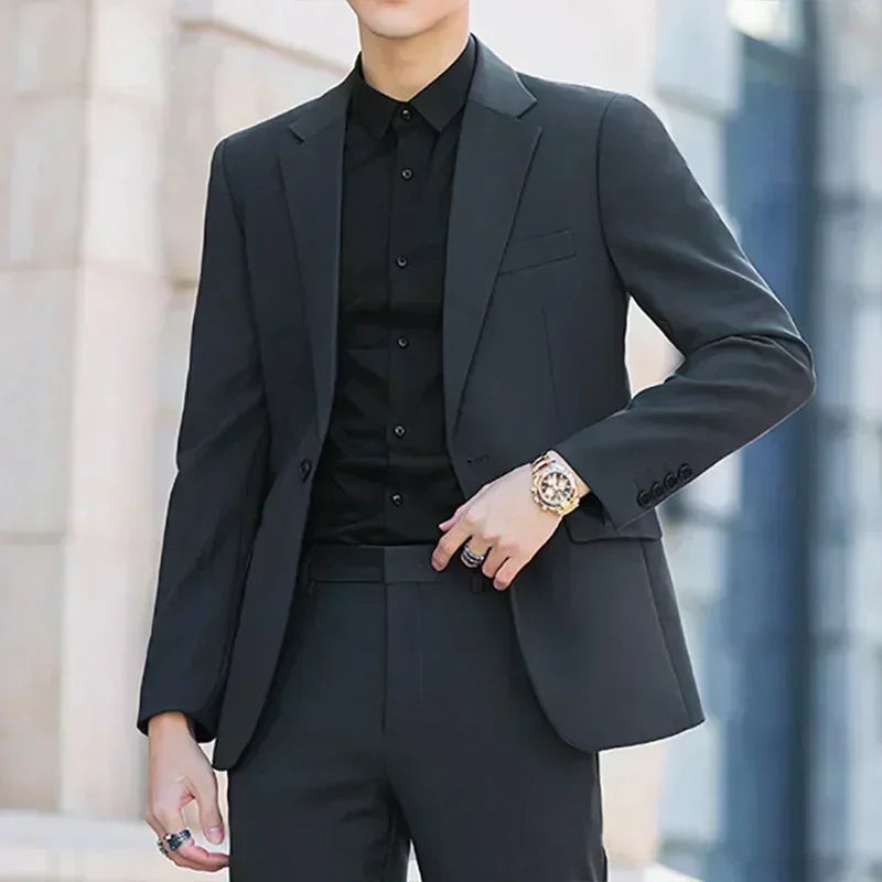 S-6XL Men's Business Casual Suit Korean Style Trendy Slim Fit 2 Piece Set Solid Color (Blazer+ Pants )Groom Wedding Dress Party