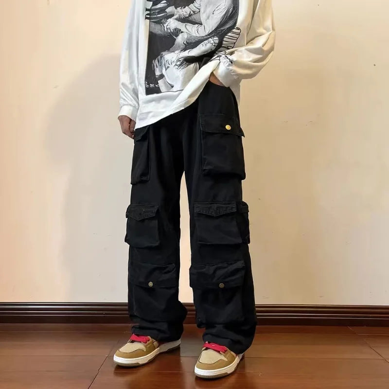 saferido Y2k Hip-hop Cargo Pants Multi-pockets Tooling Pant Harajuku Men's Vintage Loose Wide Leg Pants Streetwear Casual Trousers