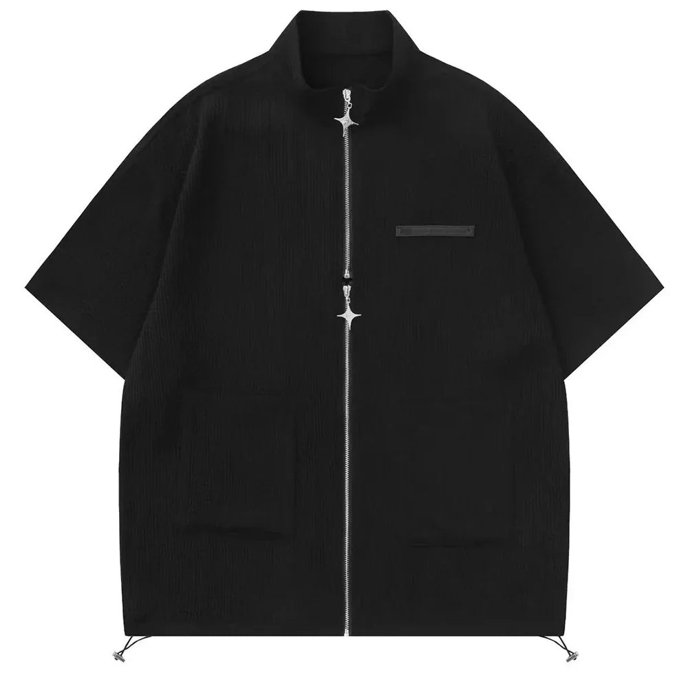 saferido Spring Summer Solid Waffle Shirt Men Zipper Shirts Trend Stand Collar Short Sleeve Tops Unisex Man Shirts Oversized Streetwear F