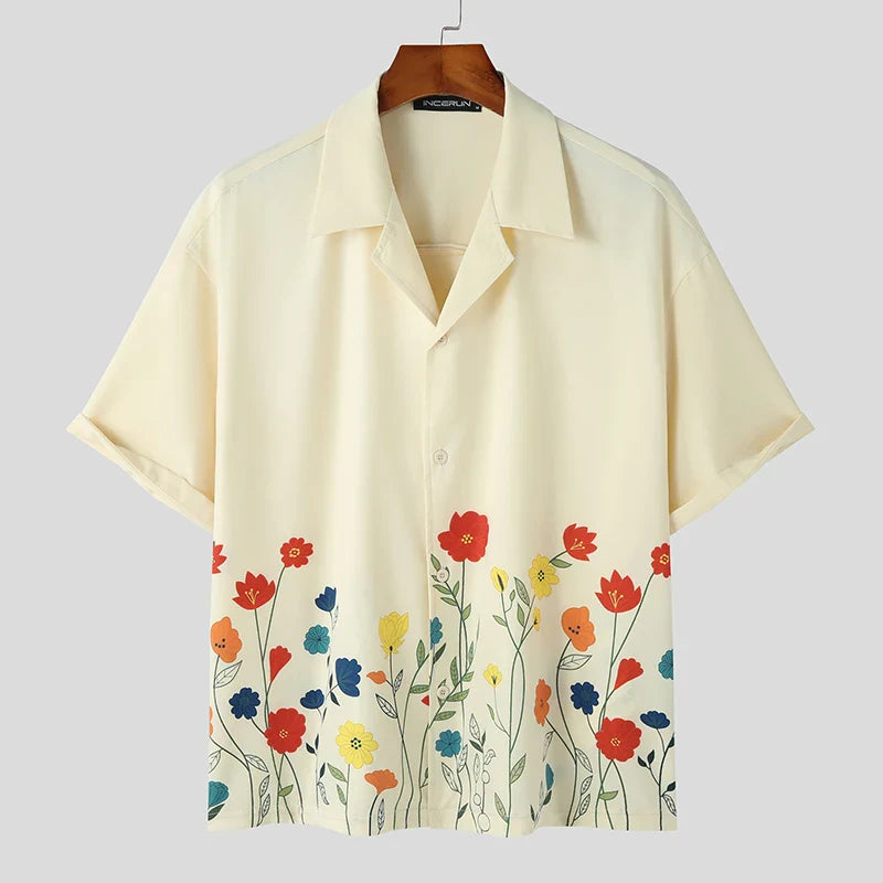 Men Shirt Flower Printing Lapel Short Sleeve Loose Men Clothing Streetwear Korean Style Summer Casual Shirts S-5XL INCERUN