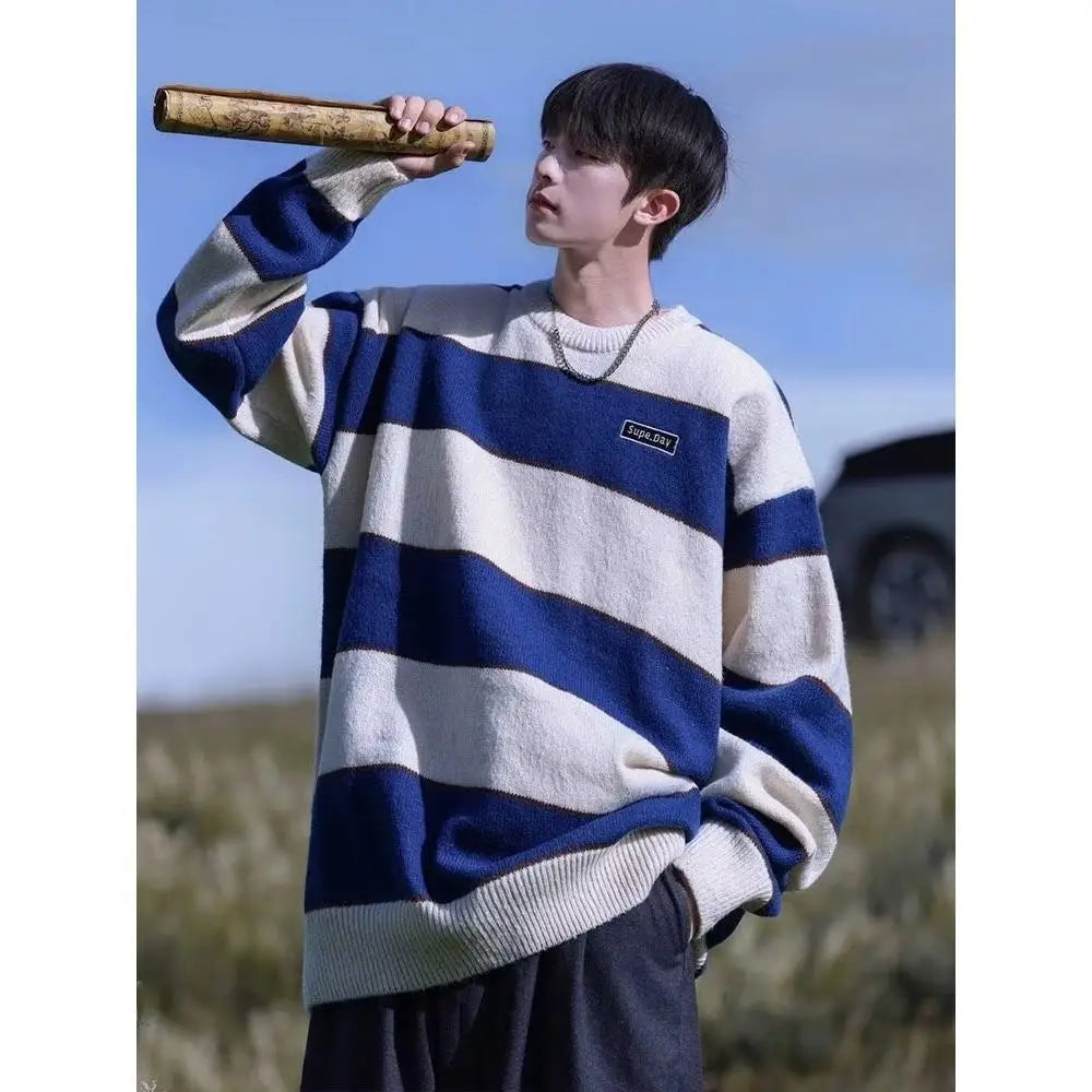 saferido Hip Hop Korean Stripe Contrast Color Autumn and Winter New Fashion Sweater Men's Loose Relaxed Student Round Neck Lazy Style