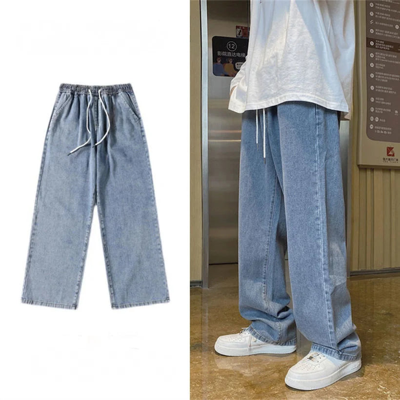 saferido Men's Jeans Straight Wide Leg Loose Pants Spring and Autumn Elasticated Waist Vintage Casual Trousers Bottoms Plus Size S-3XL
