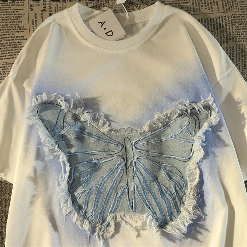 saferido American Vintage T Shirt High Street Patch Butterfly Short Sleeve O-neck T-shirt Men Women Oversize High Street Tops