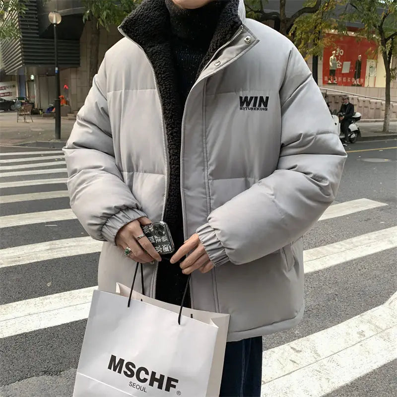 Y2K Fashion Wear Lambswool Coat Both Sides Men Street Fashion Gothic Loose Casual Cotton Coat Down Cotton-padded Jacket Clothes
