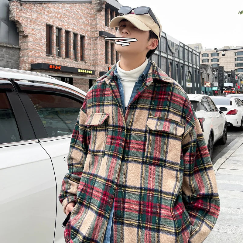 saferido Thick Plaid Woolen Coat Men Warm Oversized Retro Thickened Woolen Jacket Mens Streetwear Korean Loose Short Woolen Coat Men
